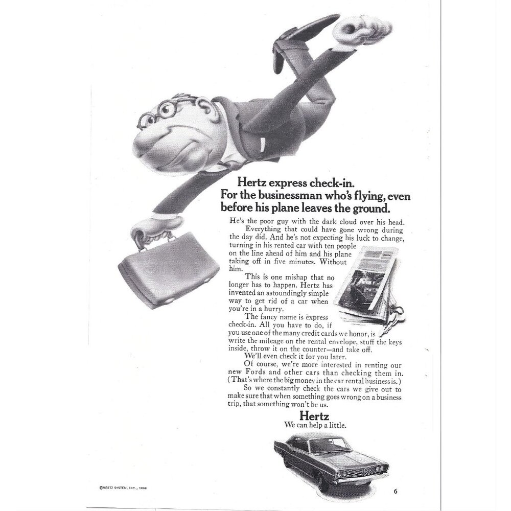 Hertz Express Check in Rental Car Advertisement 1960s Vintage Print Ad 9 inch